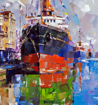 Oil painting Between two banks Volodymyr Gluhomanyuk vibrant cargo ship