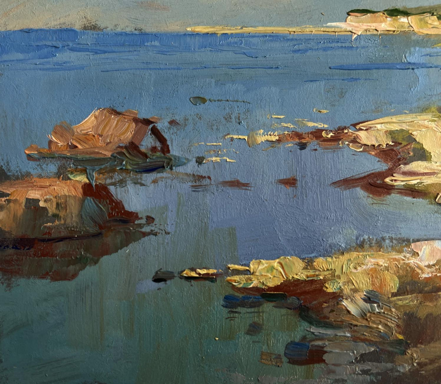 Oil painting The quiet breath of the sea by Yuriy Suprunchuk, tranquil coastal rocks and water