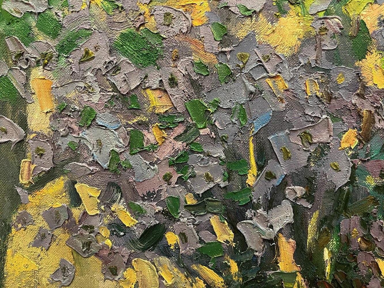 Oil painting Summer bouquet by Oleksandr Andreev with impasto green, yellow, gray strokes