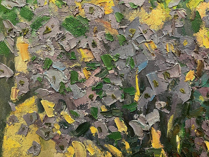 Oil painting Summer bouquet by Oleksandr Andreev with impasto green, yellow, gray strokes