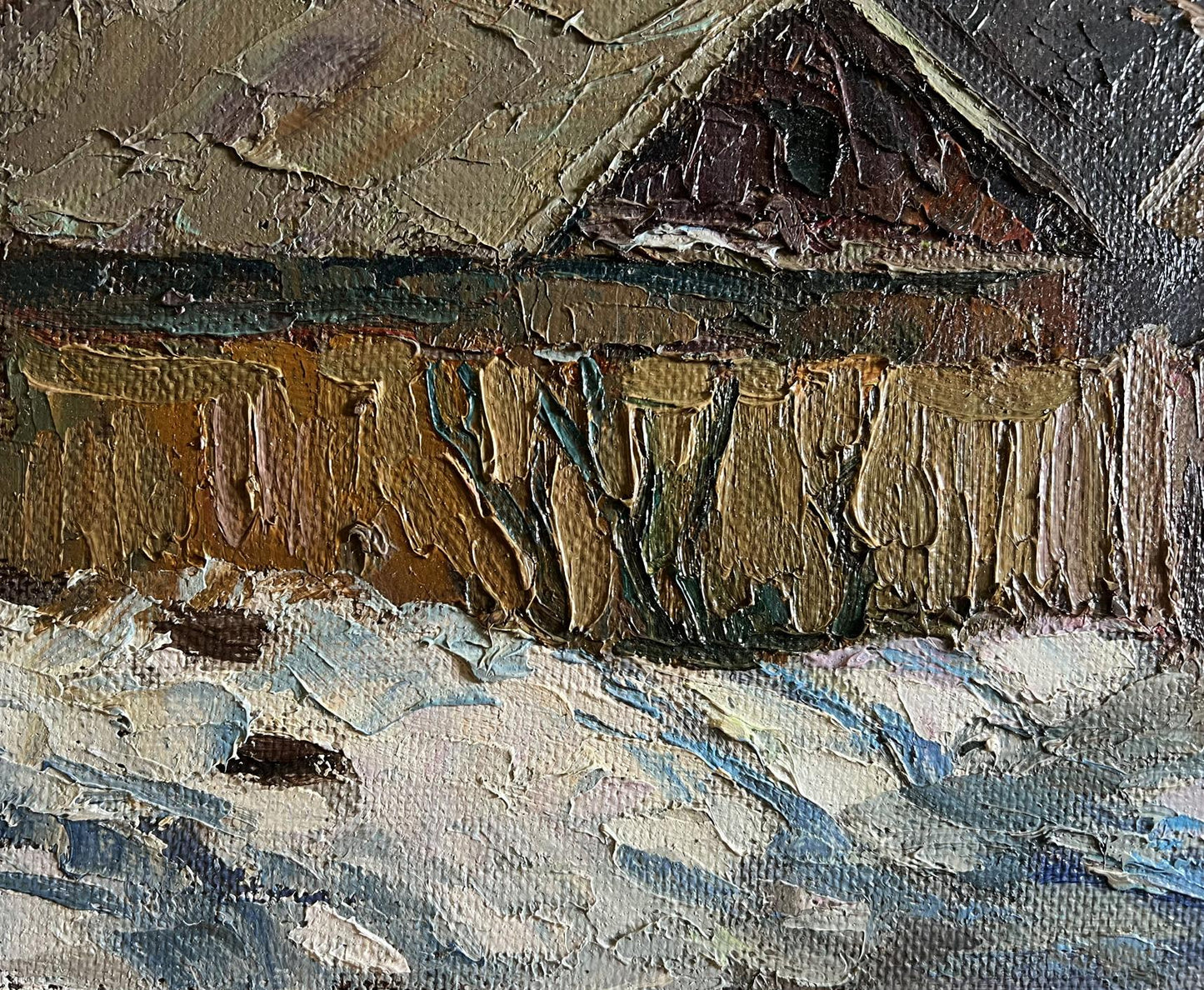 Oil painting A cold December day by Boris Serdyuk, rustic house in impasto