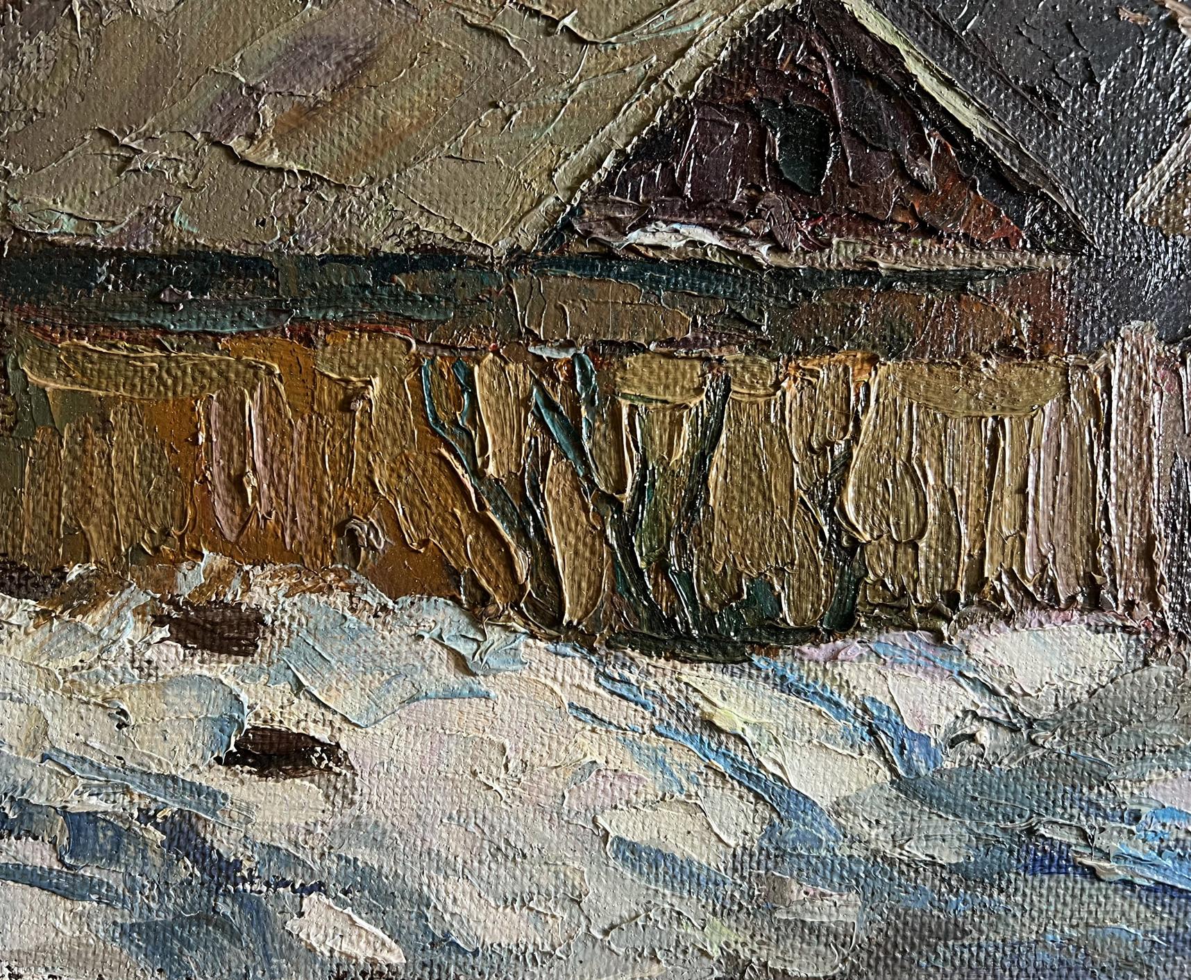 Oil painting A cold December day by Boris Serdyuk, rustic house in impasto