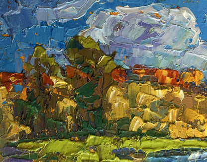 Vibrant impressionist oil painting Early autumn fishing by Oksana Ivanyuk