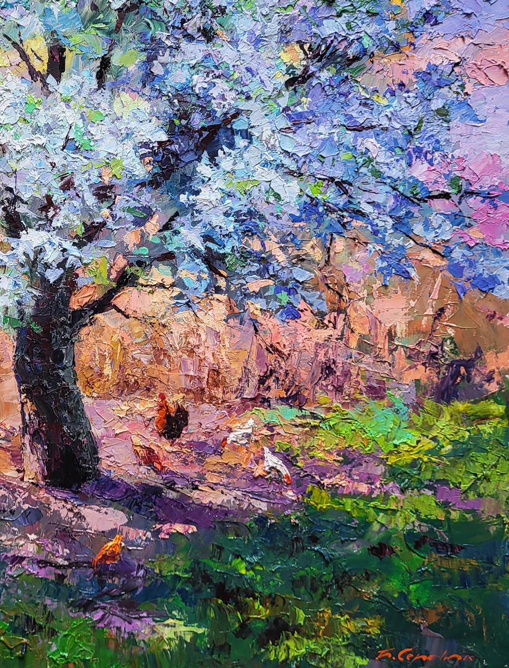 Vibrant impressionist oil painting of pear blossoms by Boris Serdyuk