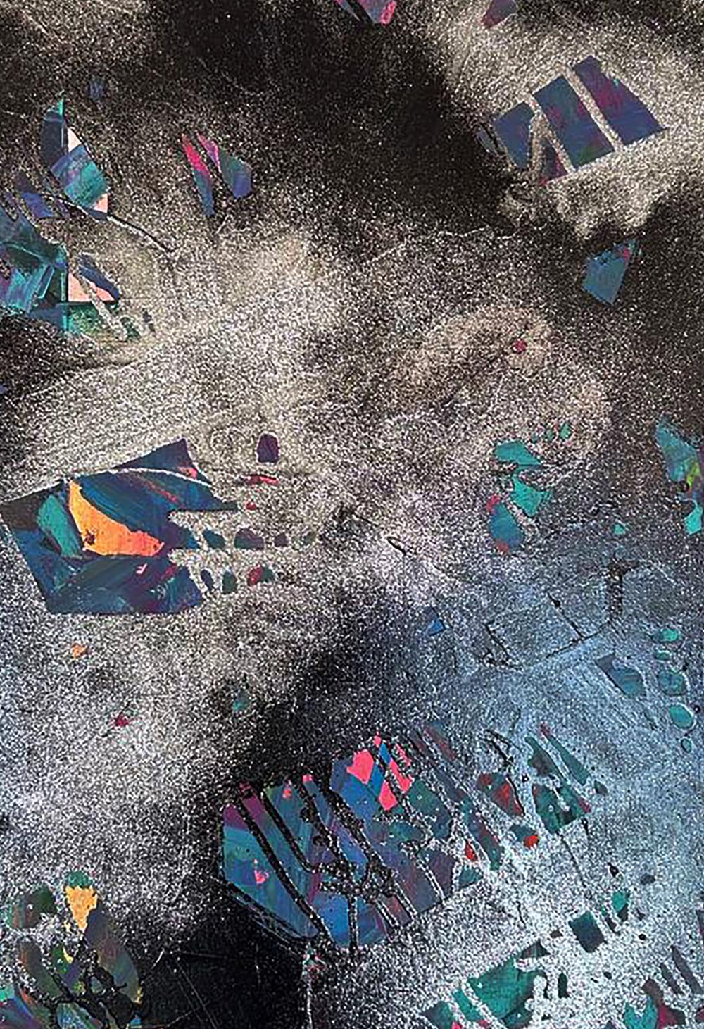 Abstract iridescent teal blue orange mineral shards in Galaxy of the Soul painting by Olga Melezhik