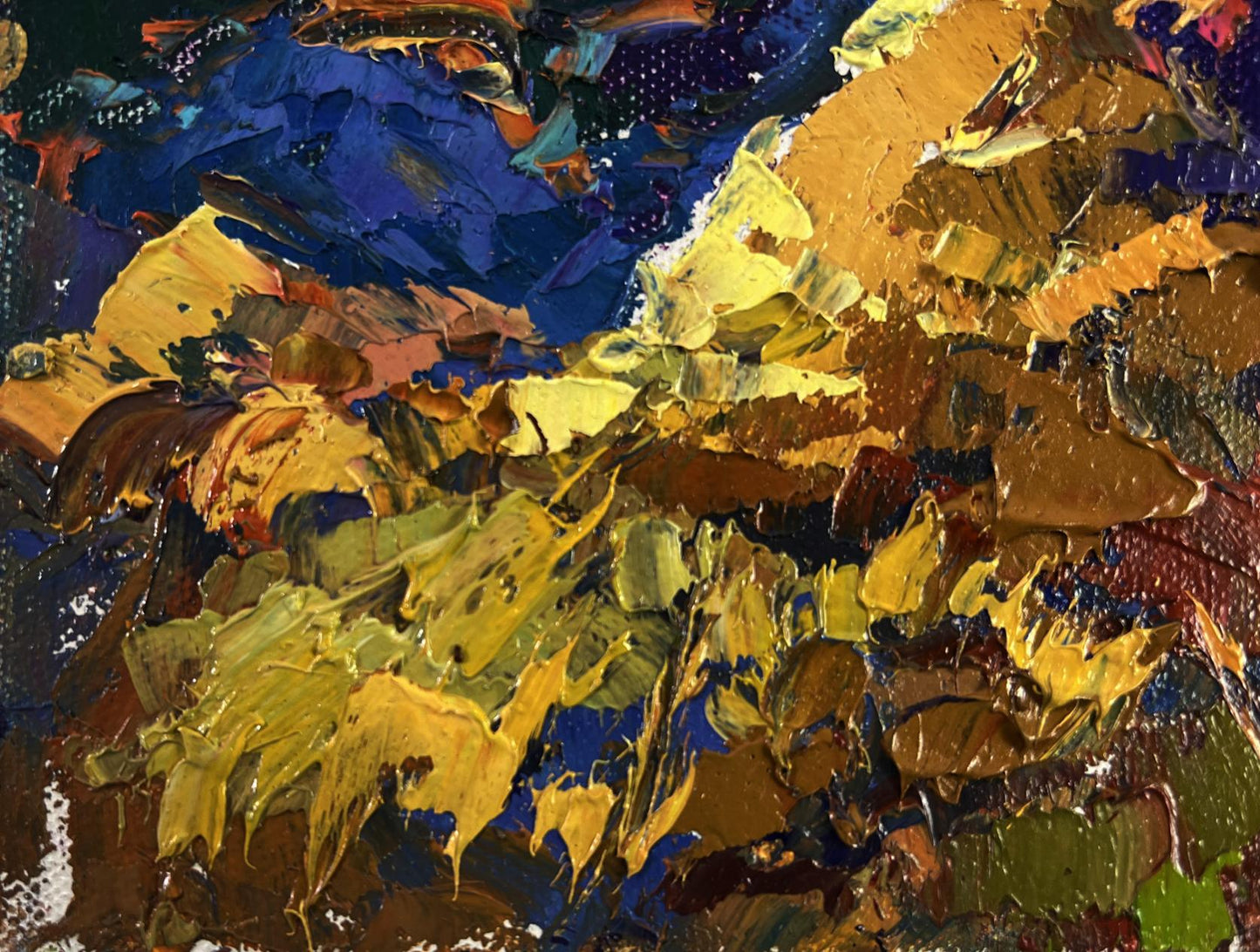 Oil painting Night tale in silver reflections by Oksana Ivanyuk, vibrant yellow impasto on blue