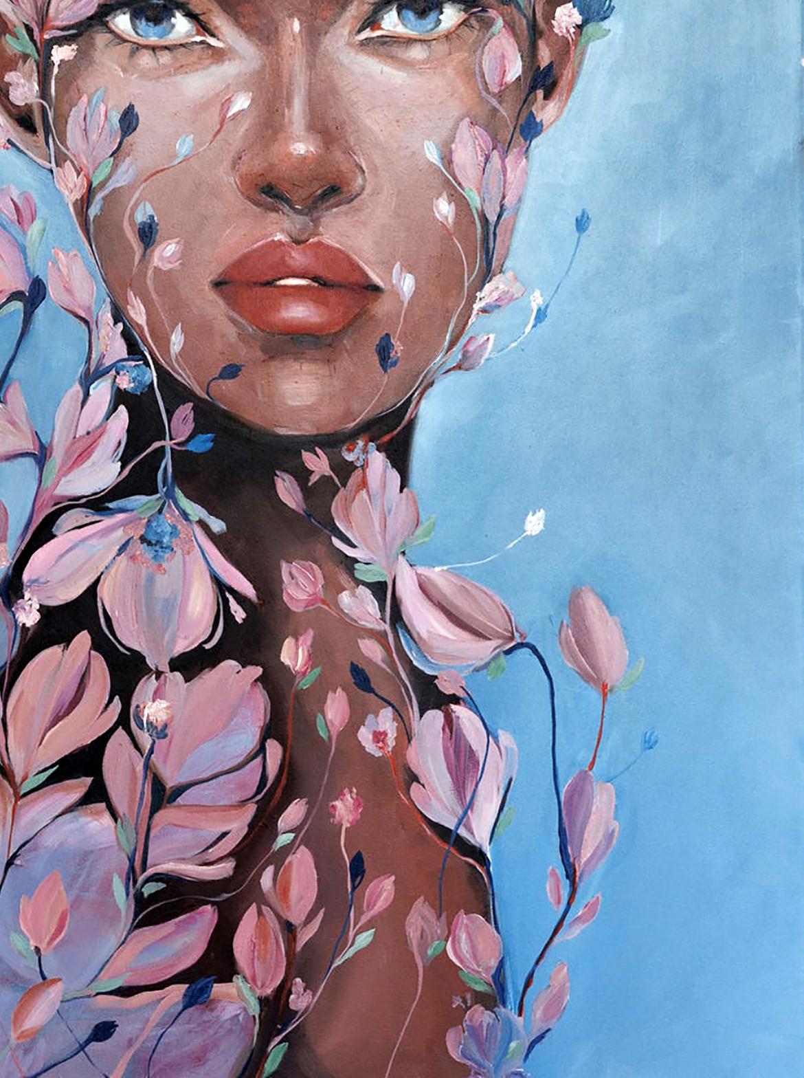 Oil painting Transformation Victoria Kagalovska: woman with blue eyes in pink blossoms