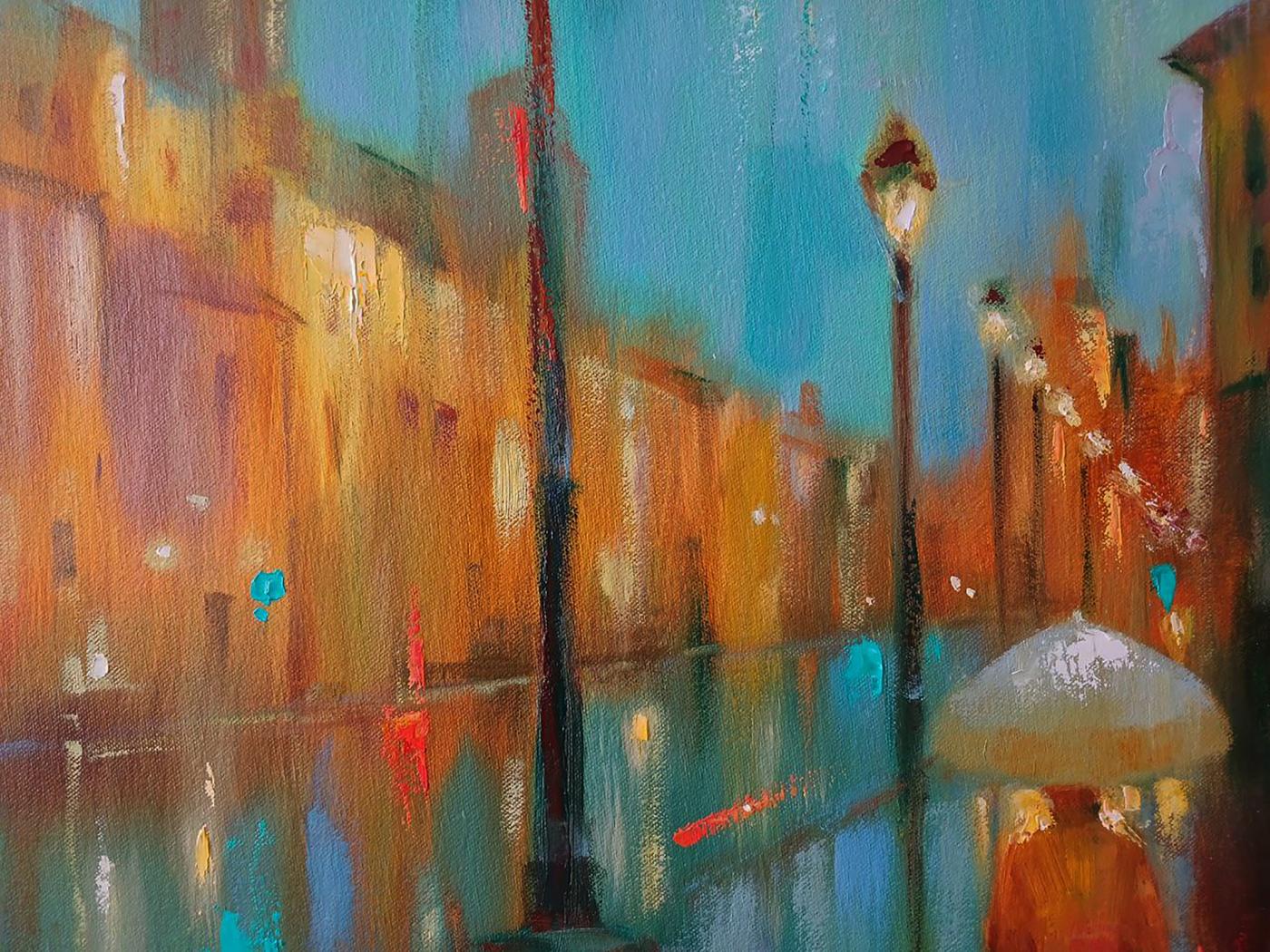 Abstract oil painting Rainy evening by Anatoly Tarabanov with orange coat figure