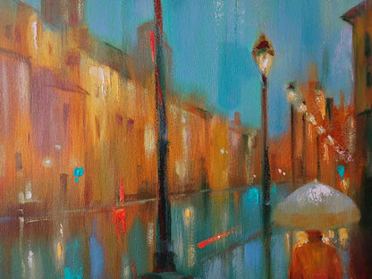 Abstract oil painting Rainy evening by Anatoly Tarabanov with orange coat figure