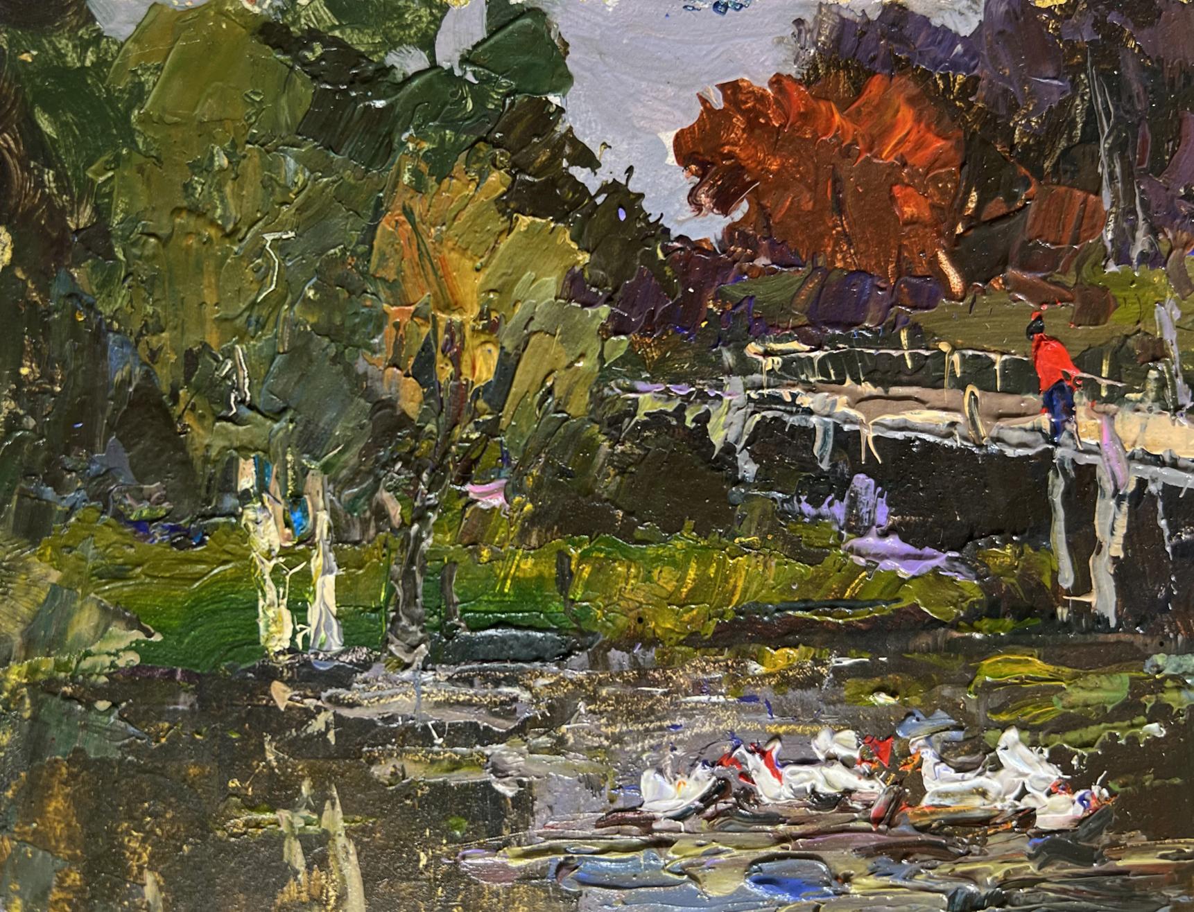 Oil painting of ducks on lake near bridge by Oksana Ivanyuk