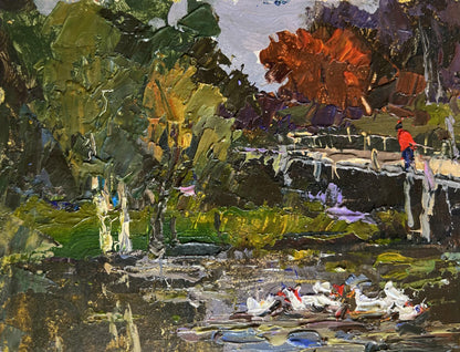 Oil painting of ducks on lake near bridge by Oksana Ivanyuk