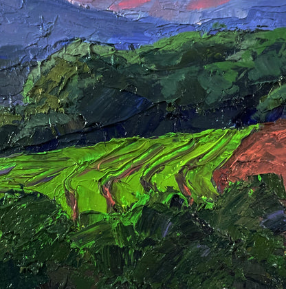 Oil painting Mountain sunset by Boris Serdyuk, vibrant green blue impasto landscape