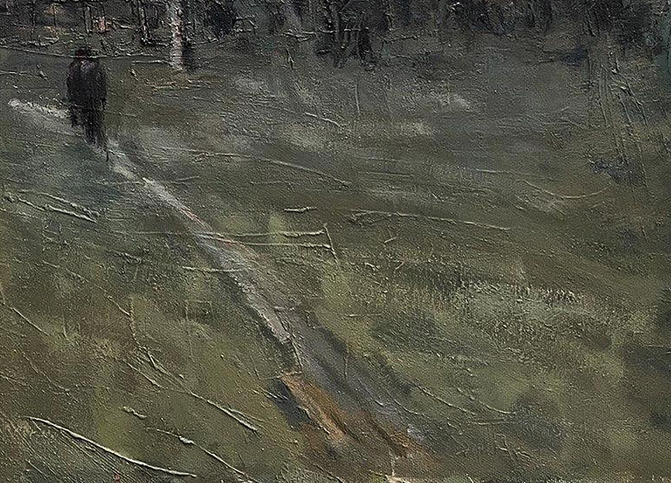 Oil painting Cold September by Volodymyr Pashchenko misty forest figure