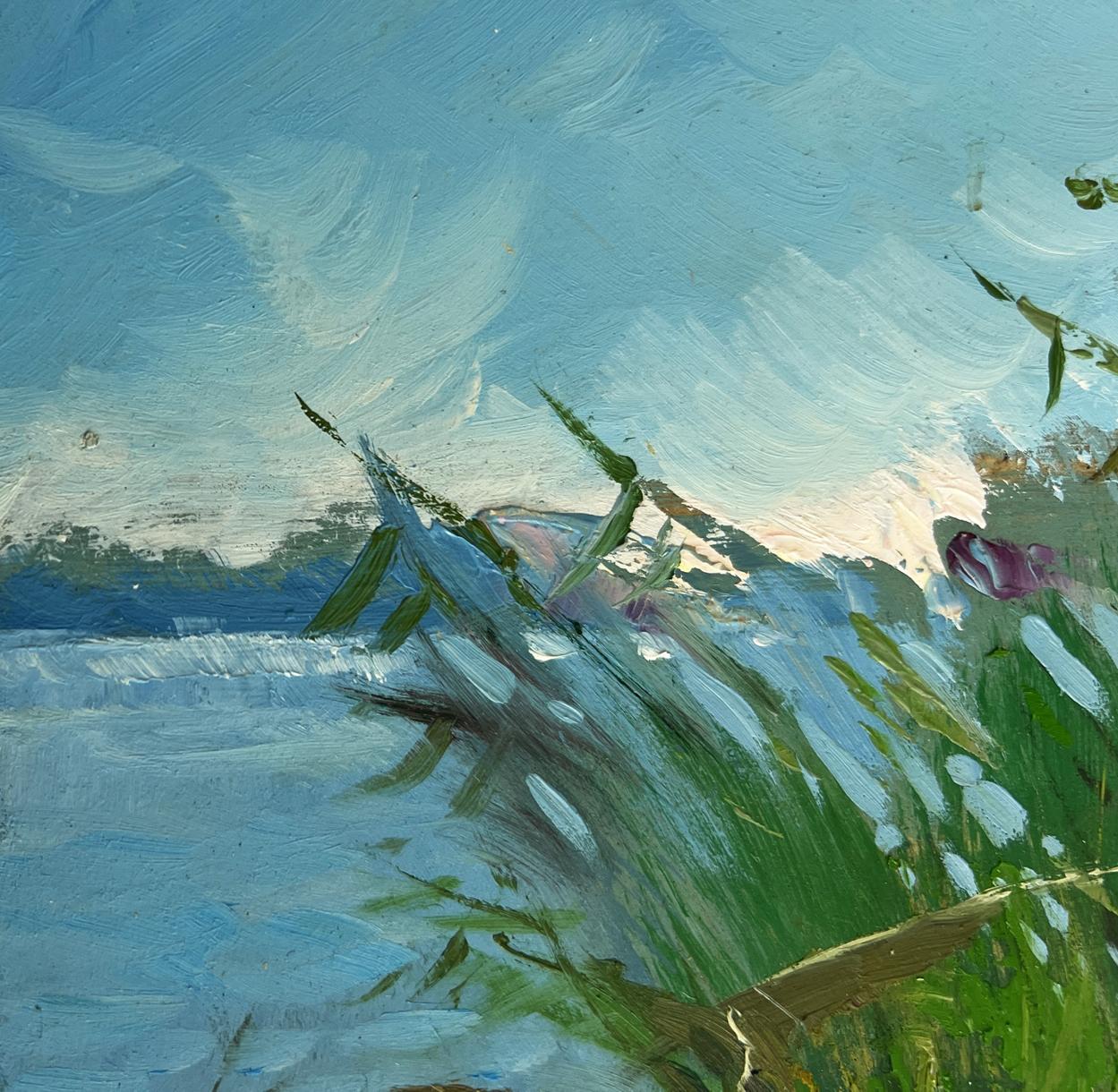 Oil painting of green grass field and wildflowers by Yuriy Suprunchuk