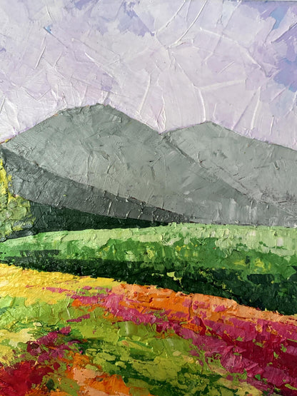 Oil painting Road to the Mountains V. Zadorozhnya textured green hills landscape