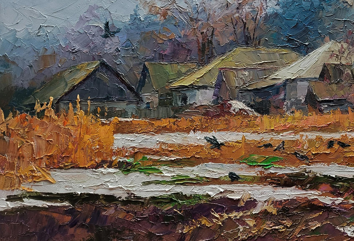 Impressionistic oil painting of first snow in village by Boris Serdyuk
