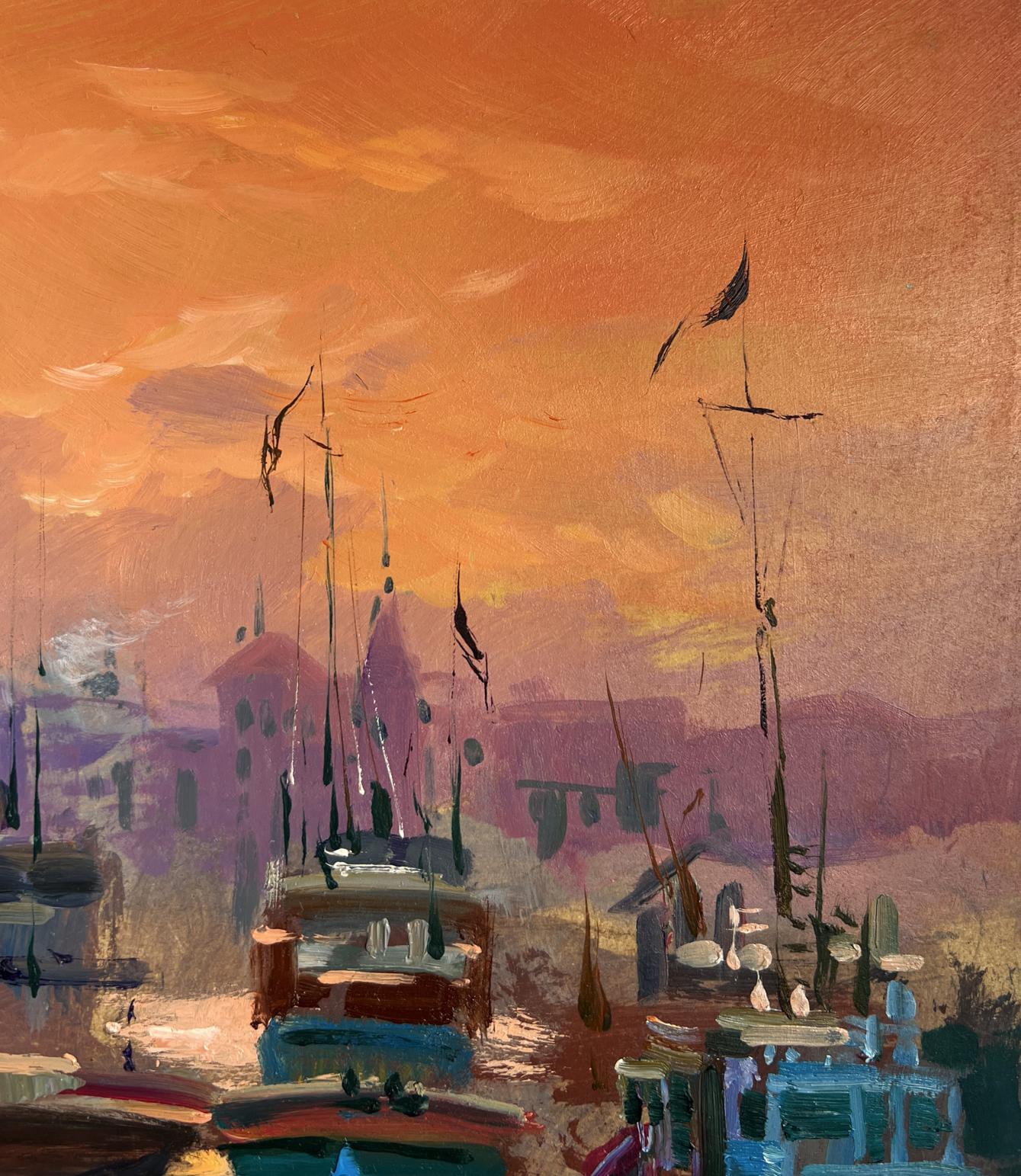 Vibrant impressionist oil painting of Venetian harbor at sunset by Yuriy Suprunchuk
