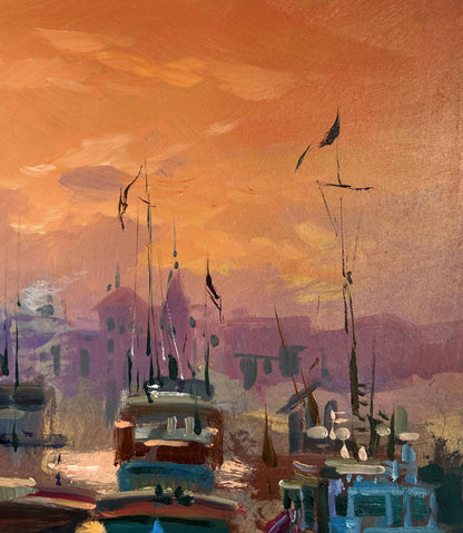 Vibrant impressionist oil painting of Venetian harbor at sunset by Yuriy Suprunchuk