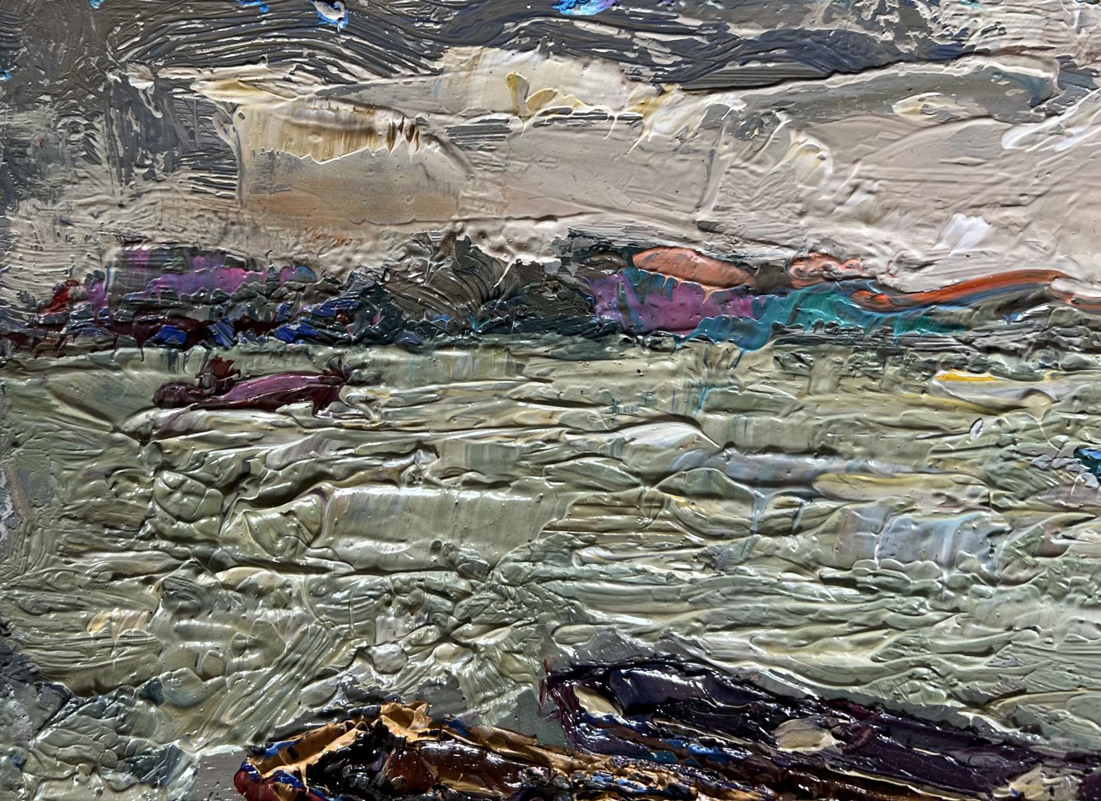 Abstract oil painting of boats near pier by Oksana Ivanyuk