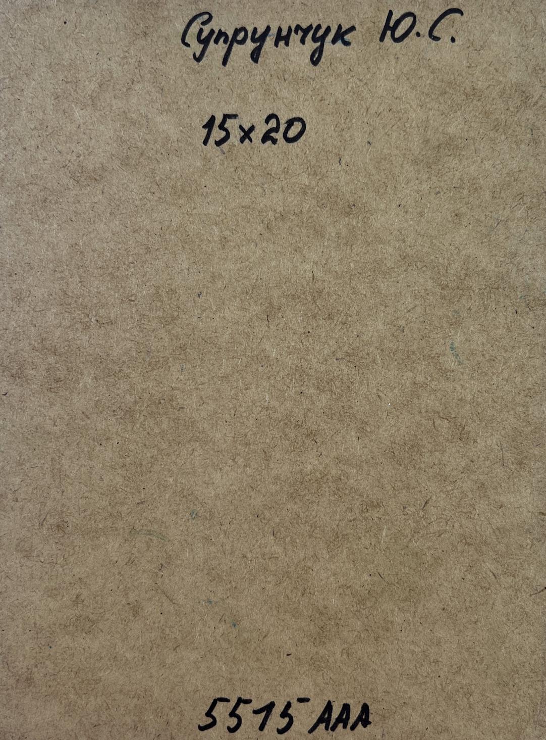 Back of Yuriy Suprunchuk oil painting on brown cardboard with Cyrillic labels