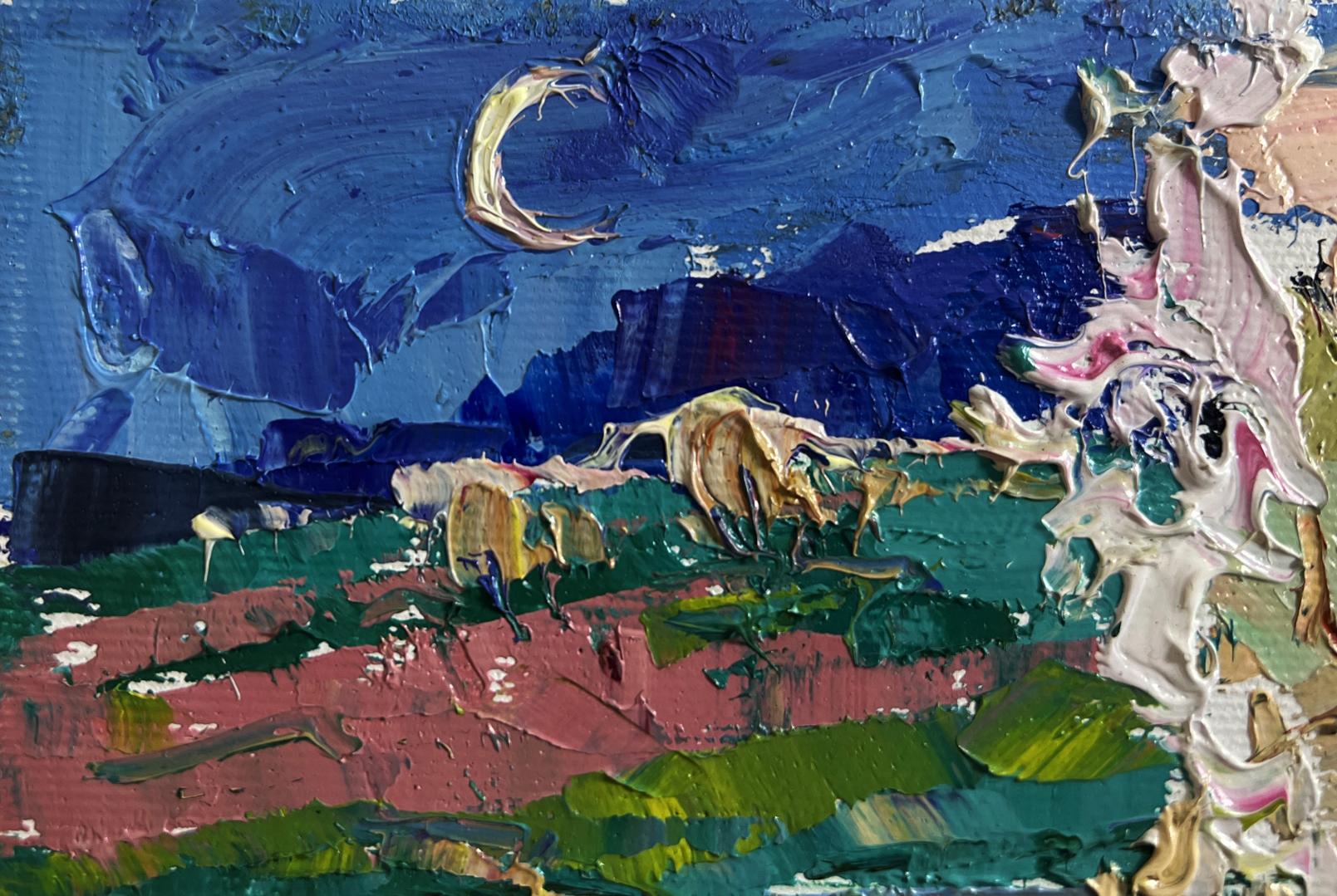 Oil painting Wild Pear near the River by Oksana Ivanyuk, crescent moon over hills