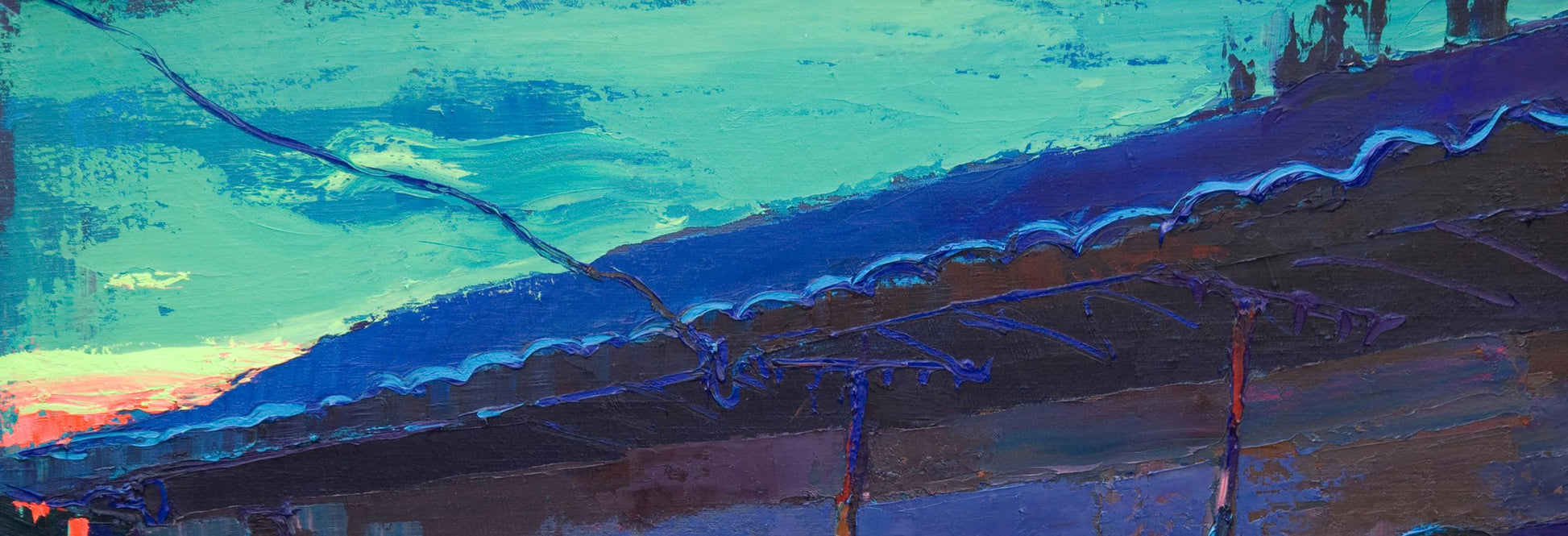 Oil painting Evening at home by Natalia Korf-Ivaniuk, teal roofline abstract