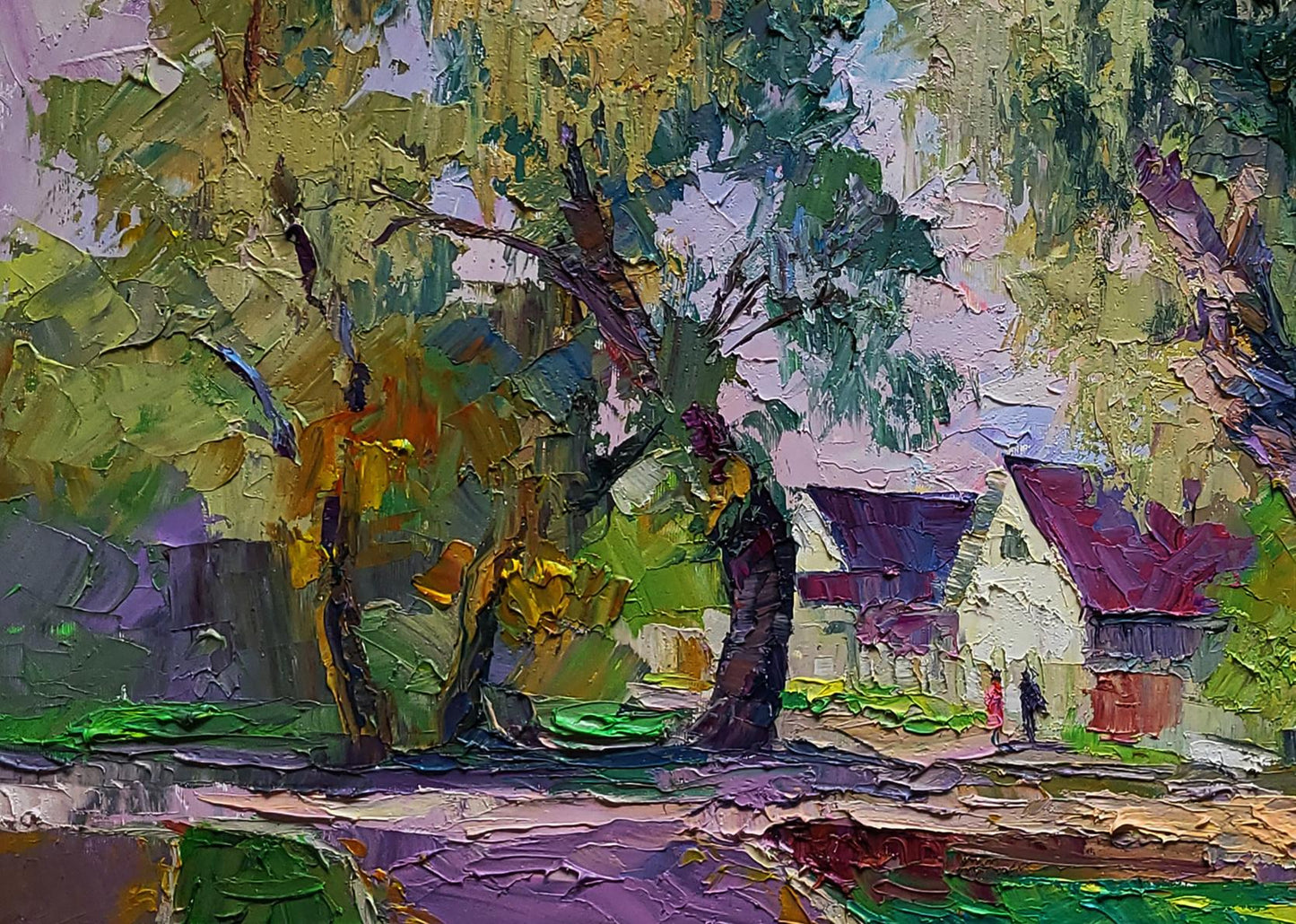 Oil painting Willows near the yard by Boris Serdyuk: rustic cottage with red roof among lush trees
