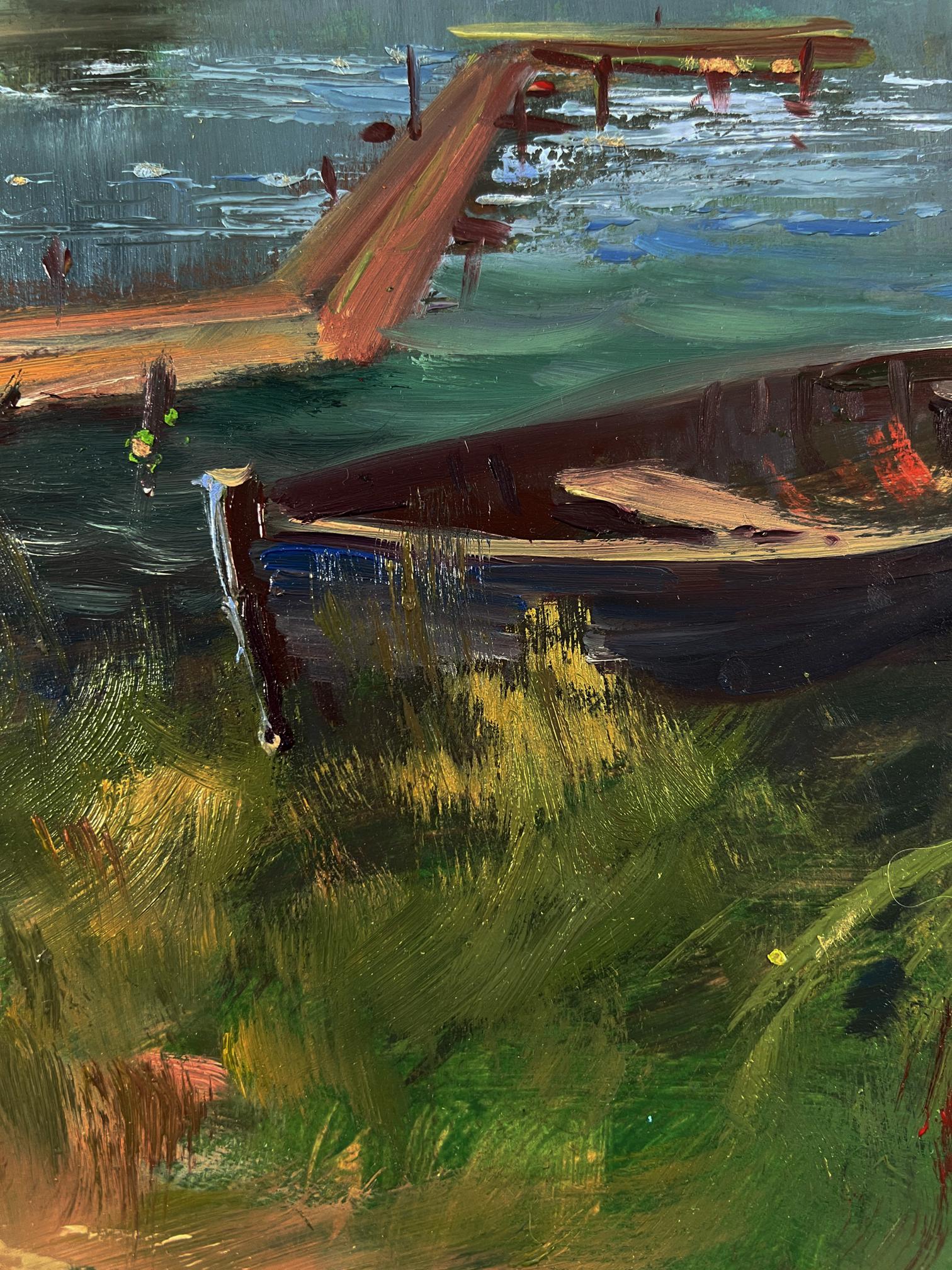 Oil painting of rustic dock and boat by Yuriy Suprunchuk