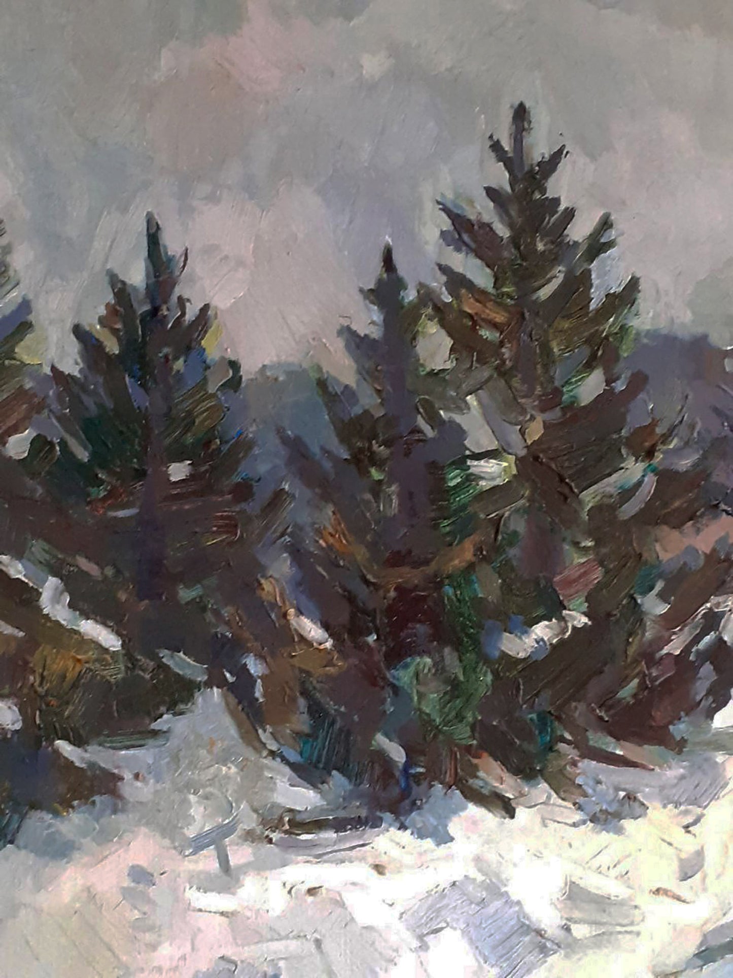 Oil painting of snow-dusted Christmas trees by Peter Dobrev