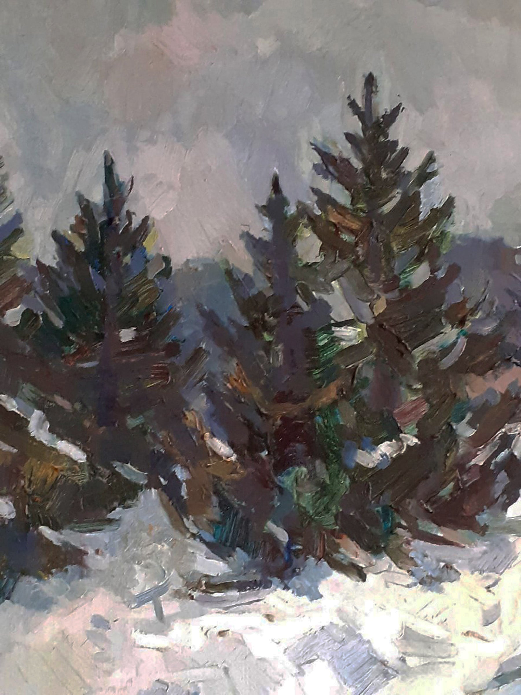 Oil painting of snow-dusted Christmas trees by Peter Dobrev