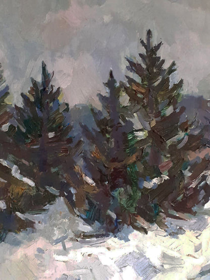 Oil painting of snow-dusted Christmas trees by Peter Dobrev