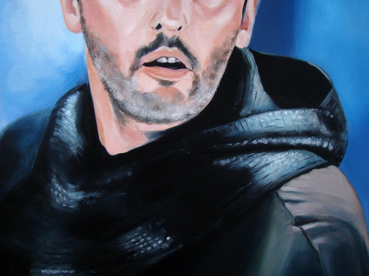 Oil painting of textured black scarf on mans neck by Yulia Lihina