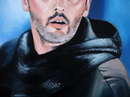 Oil painting of textured black scarf on mans neck by Yulia Lihina