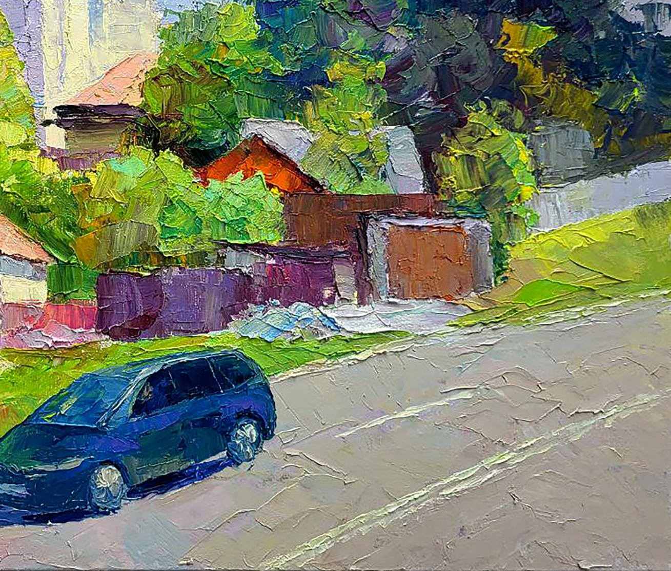 Impressionistic oil painting of dark blue minivan on city street by Boris Serdyuk