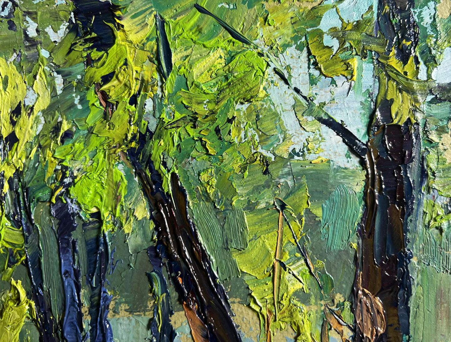 Vibrant impressionist oil painting of secluded trees by Boris Serdyuk