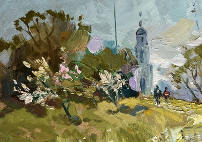 Oil painting The road to the church by Yuriy Suprunchuk with blue tower