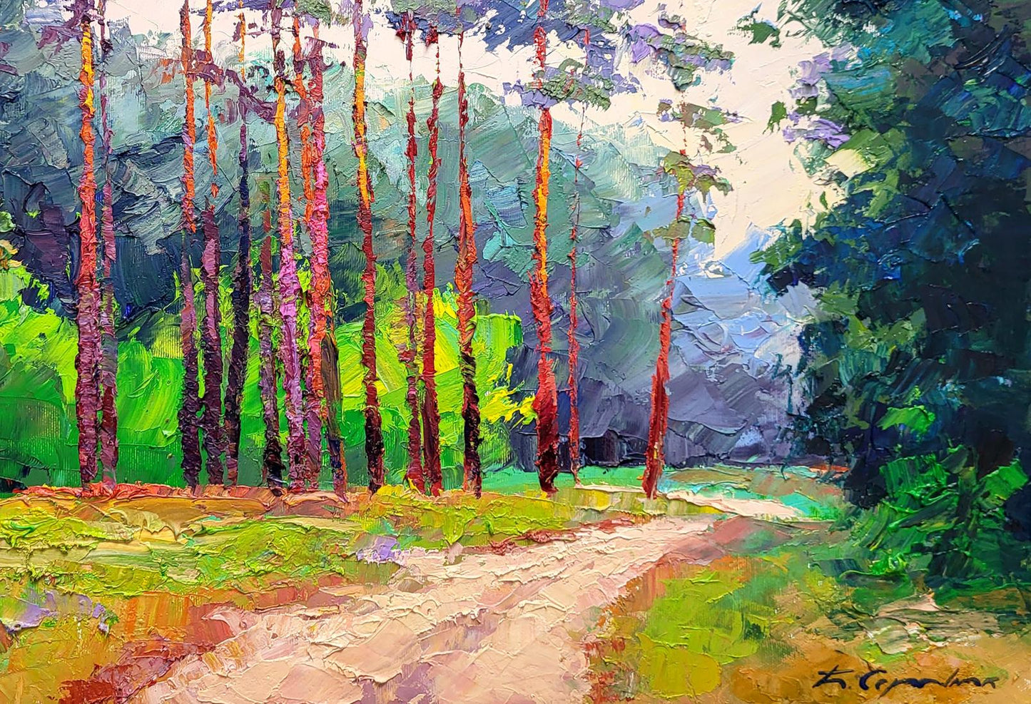 Vibrant impressionist oil painting of forest road by Boris Serdyuk