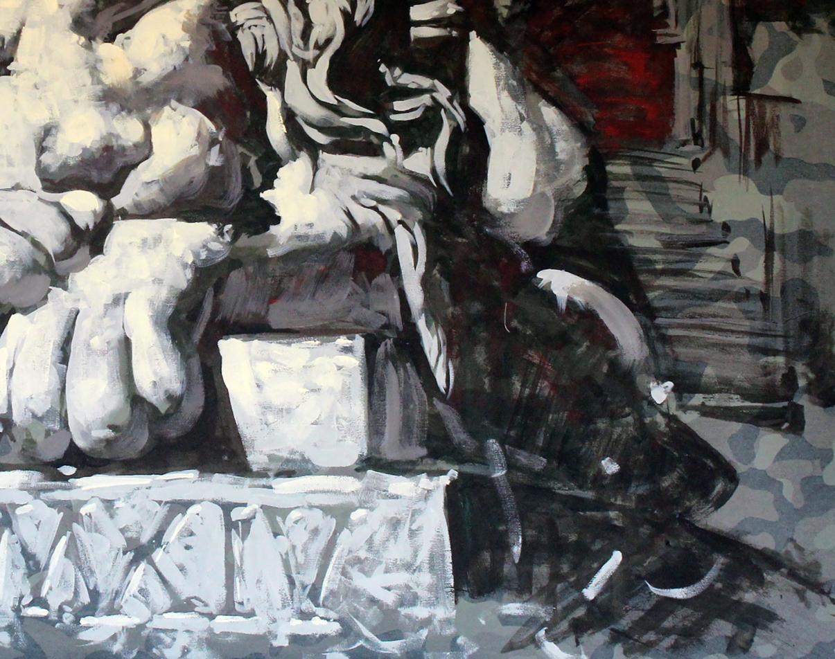 Abstract grayscale oil painting Sleep Ed Potapenkov with red black accents