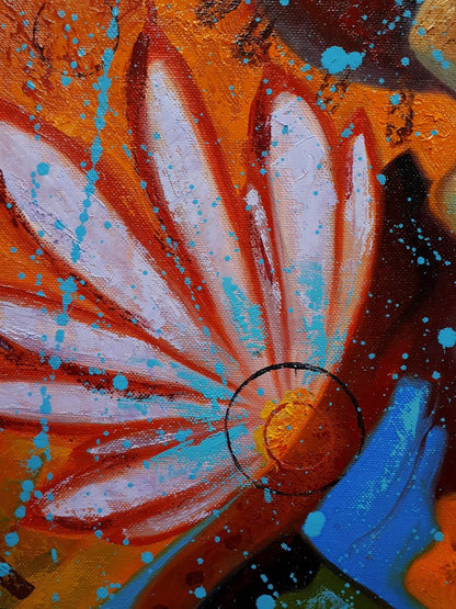 Oil painting Conquistador and Peyote by Sergiy Voichenko with orange flower and blue splatters
