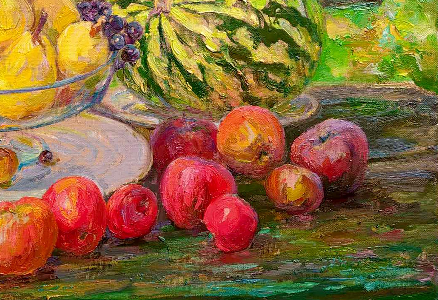 Oil painting Riches of August by Leonid Pavlenko: vibrant watercolor still life of apples, pears, grapes