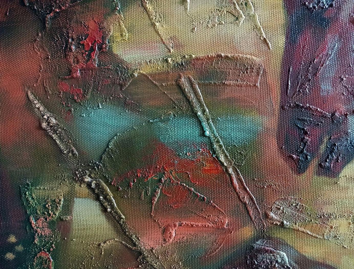 Abstract oil painting Scythian legend by Anatoly Tarabanov in red teal earthy tones