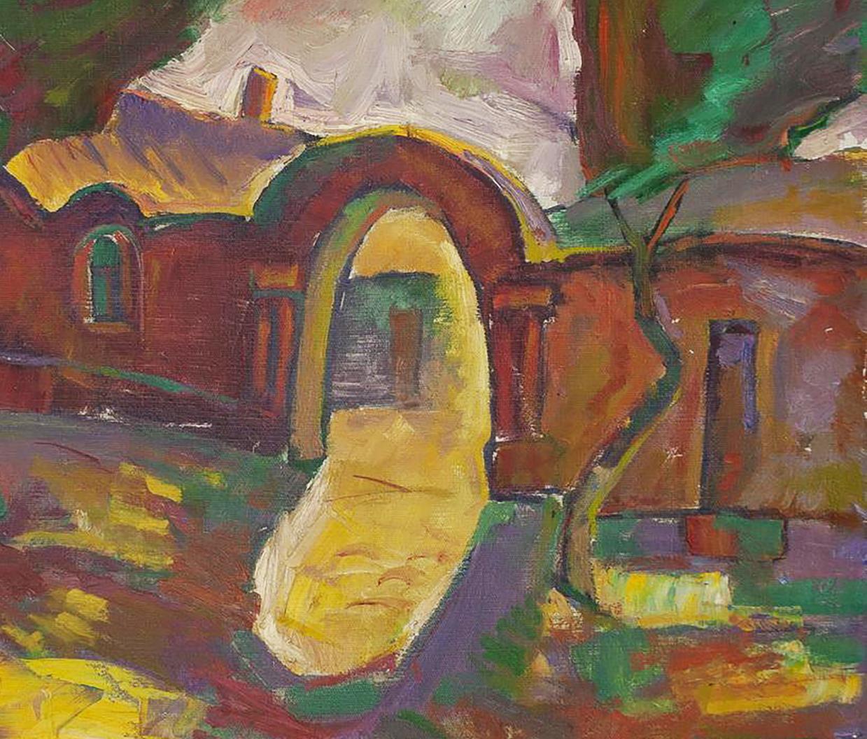 Oil painting by Oleksandr Andreev: impressionistic stone archway to red house
