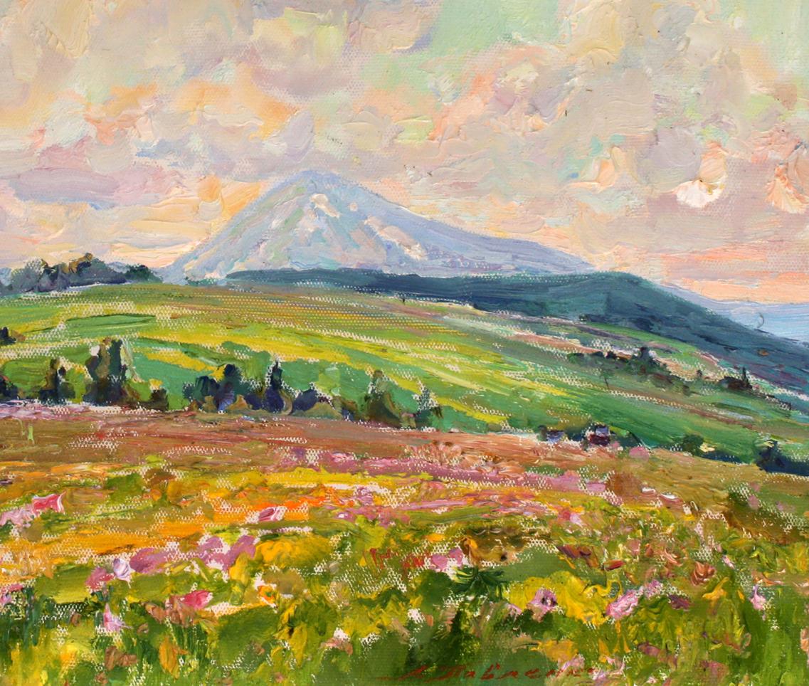 Vibrant oil painting Sunny day by Leonid Pavlenko: mountain range, hills, wildflowers