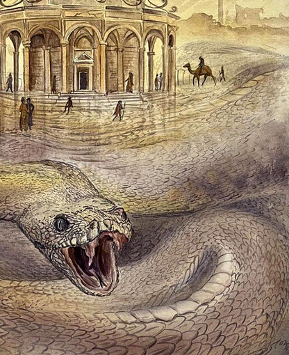 Watercolor painting The gate of paradise by Dmytro Startsev: massive gray-brown snake with open mouth