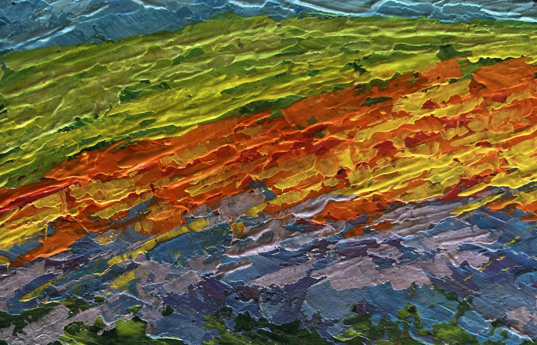 Vibrant Sunset tranquility oil painting by V. Zadorozhnya with bold impasto bands