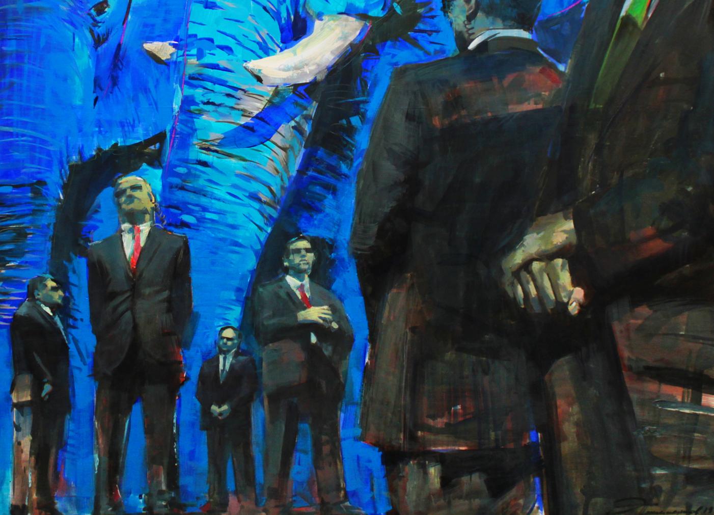 Vibrant blue abstract oil painting Bodyguards by Ed Potapenkov