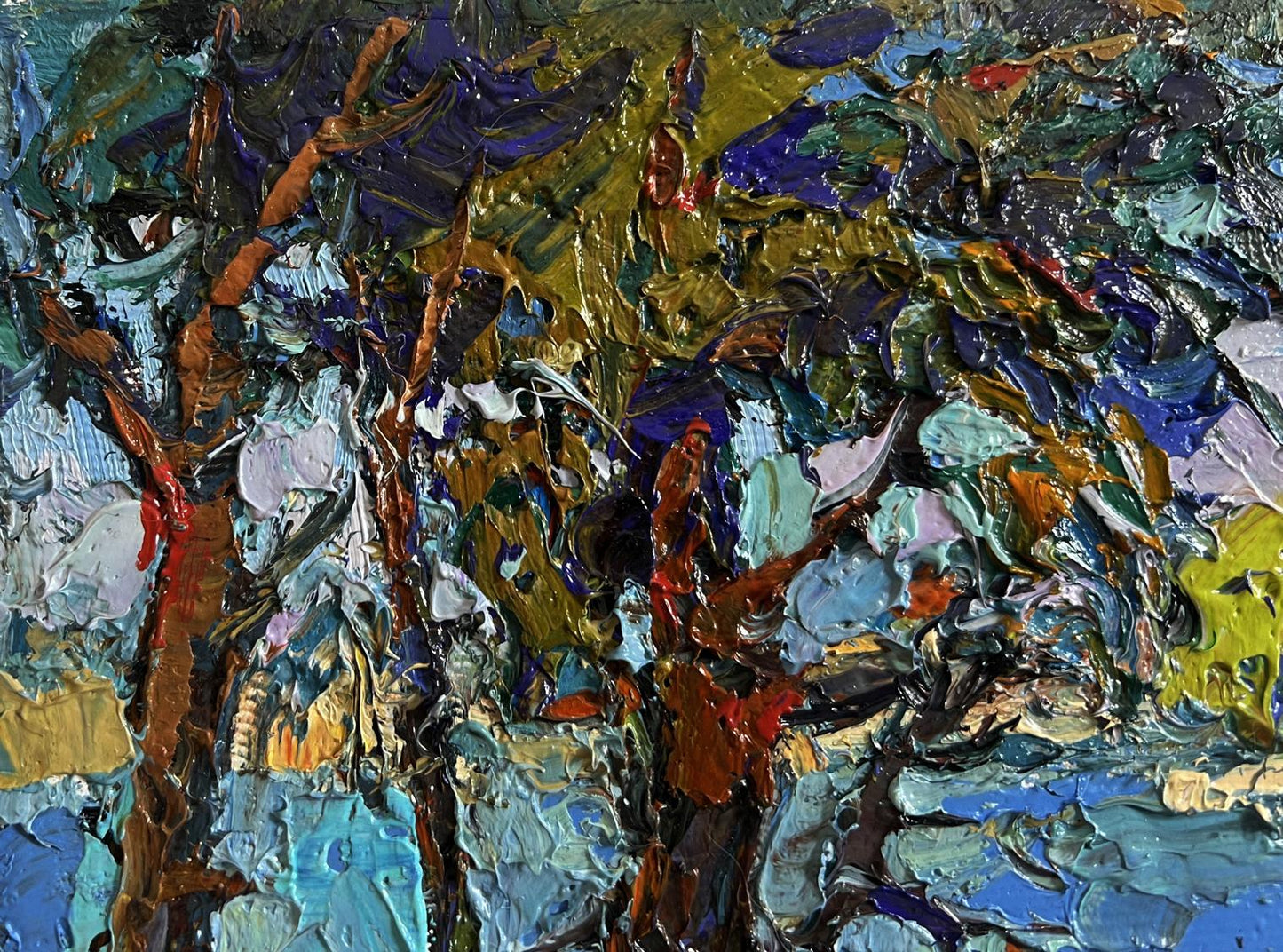 Vibrant oil painting In the shade of the trees by Oksana Ivanyuk with bold textured strokes