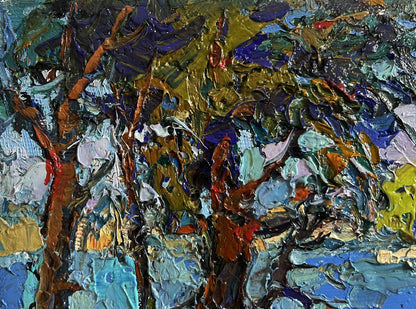Vibrant oil painting In the shade of the trees by Oksana Ivanyuk with bold textured strokes