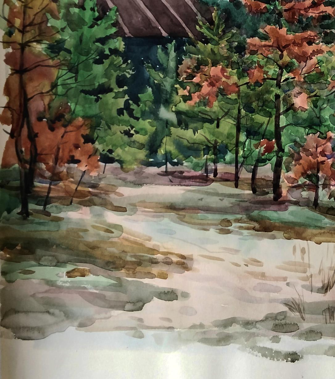 Watercolor painting Quiet refuge in green forest by Vitaly Duhnevich