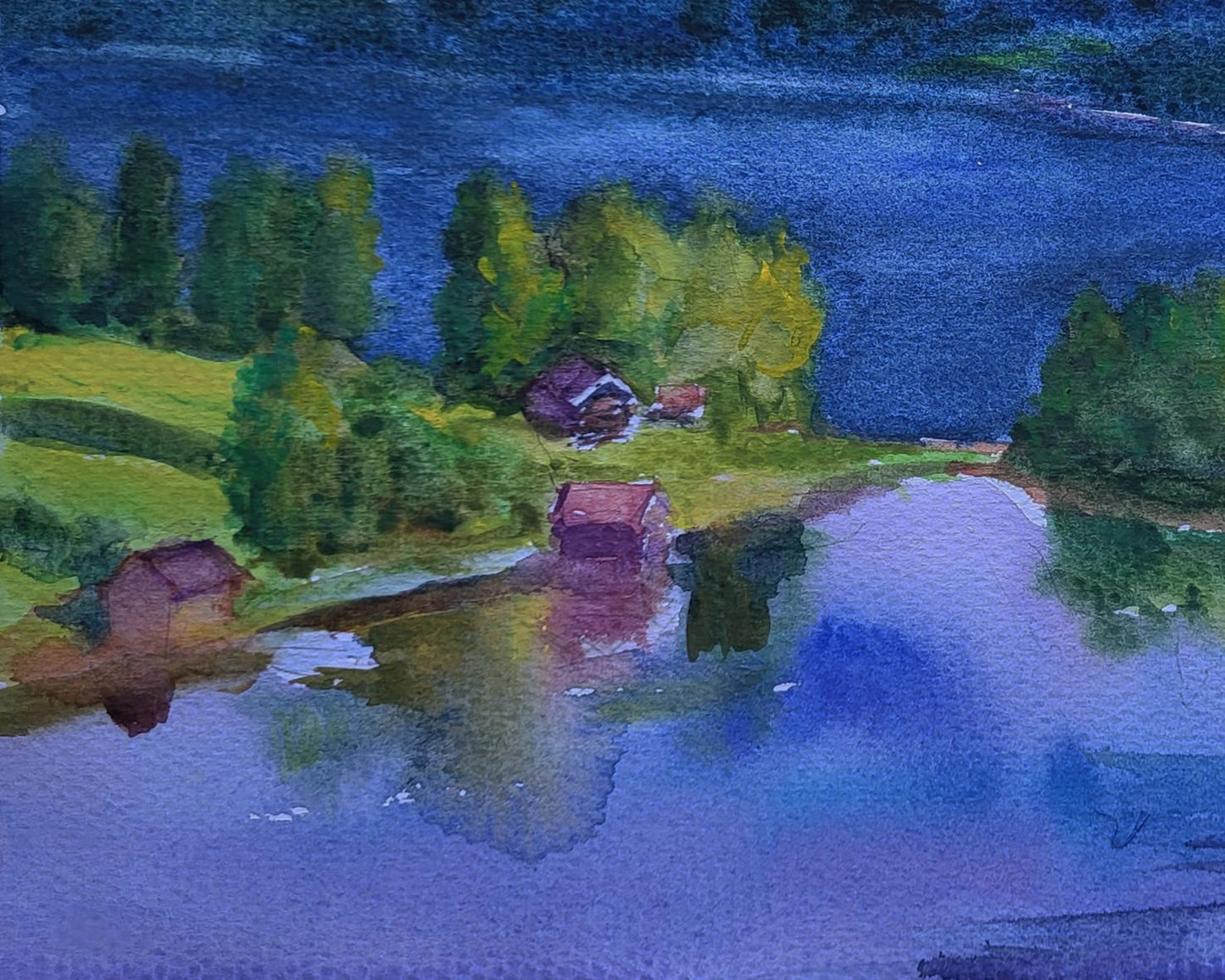Watercolor painting of Boris Serdyuk clouds over serene lakeside town